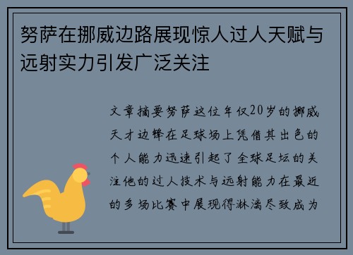 努萨在挪威边路展现惊人过人天赋与远射实力引发广泛关注